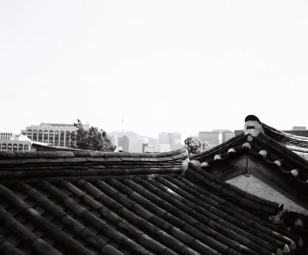 Situated atop a tall hill in the middle of the city, Seoul Tower is visible from nearly everywhere. Here, it appears hazy and distant, its mass visually dwarfed by the roofing tiles in the very near foreground.