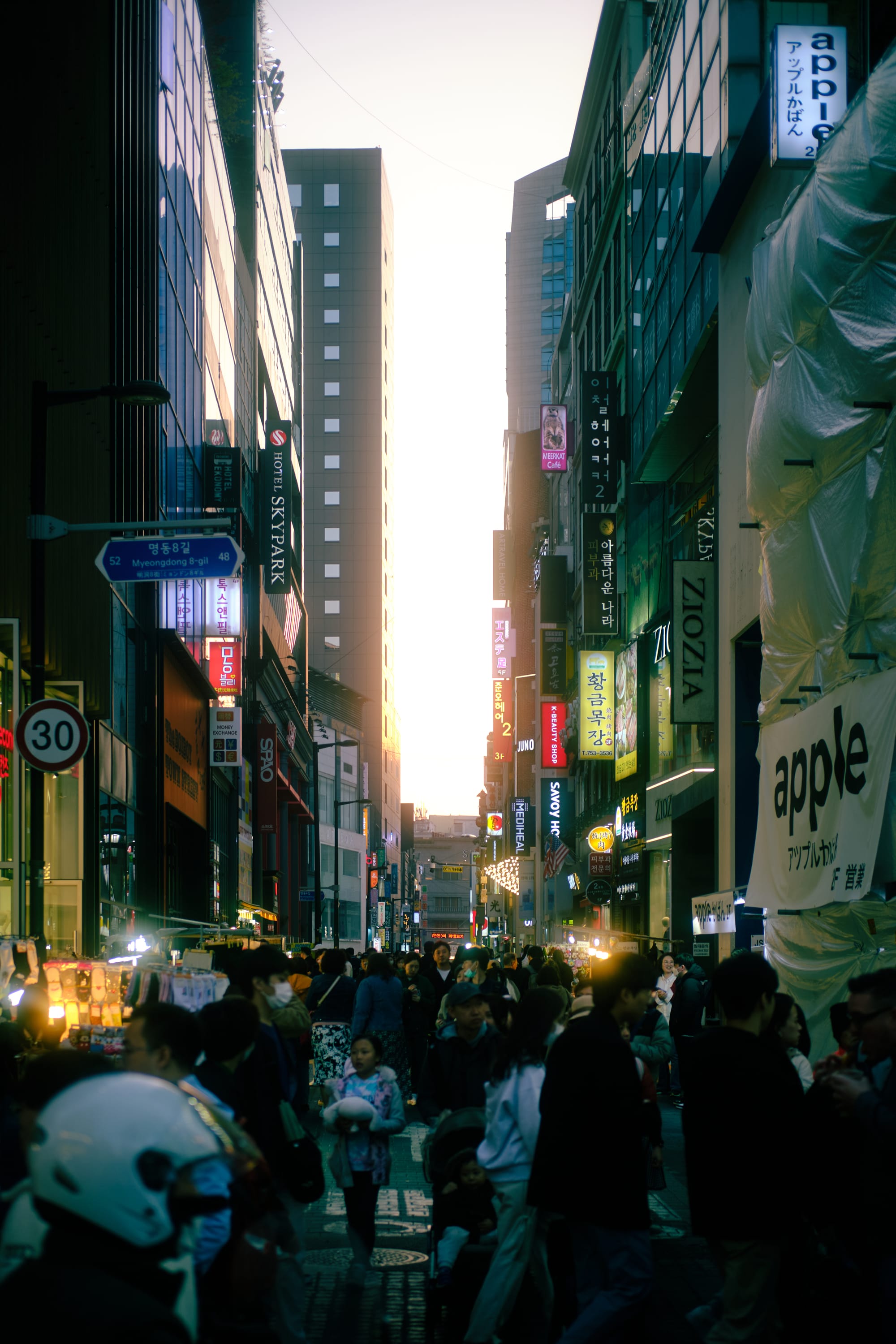 Myeong-dong market as the sun sets.